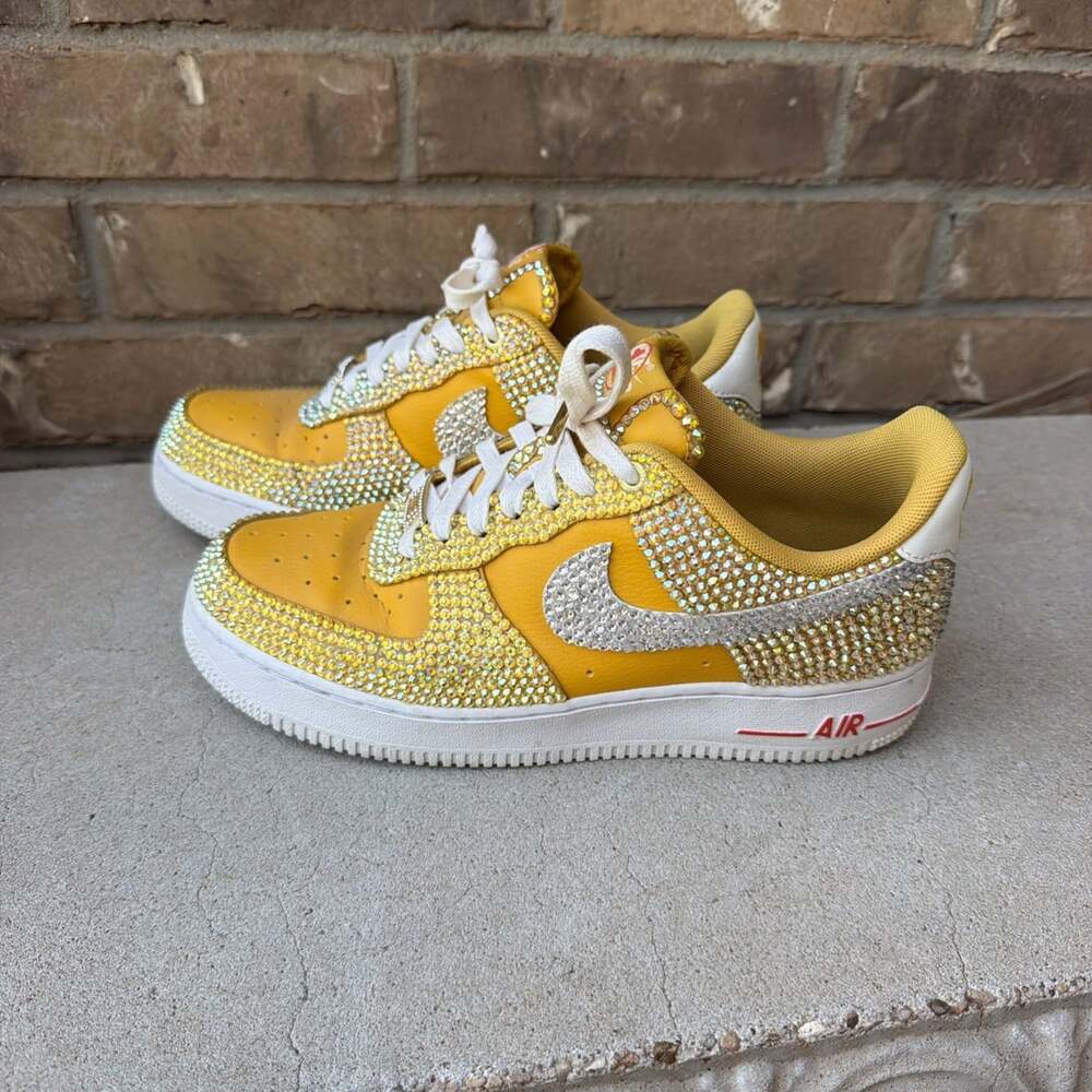 Nike Air Force 1 Yellow and Red 2022 Custom Swarovski Bling Athletic Shoe Sz 8.5
